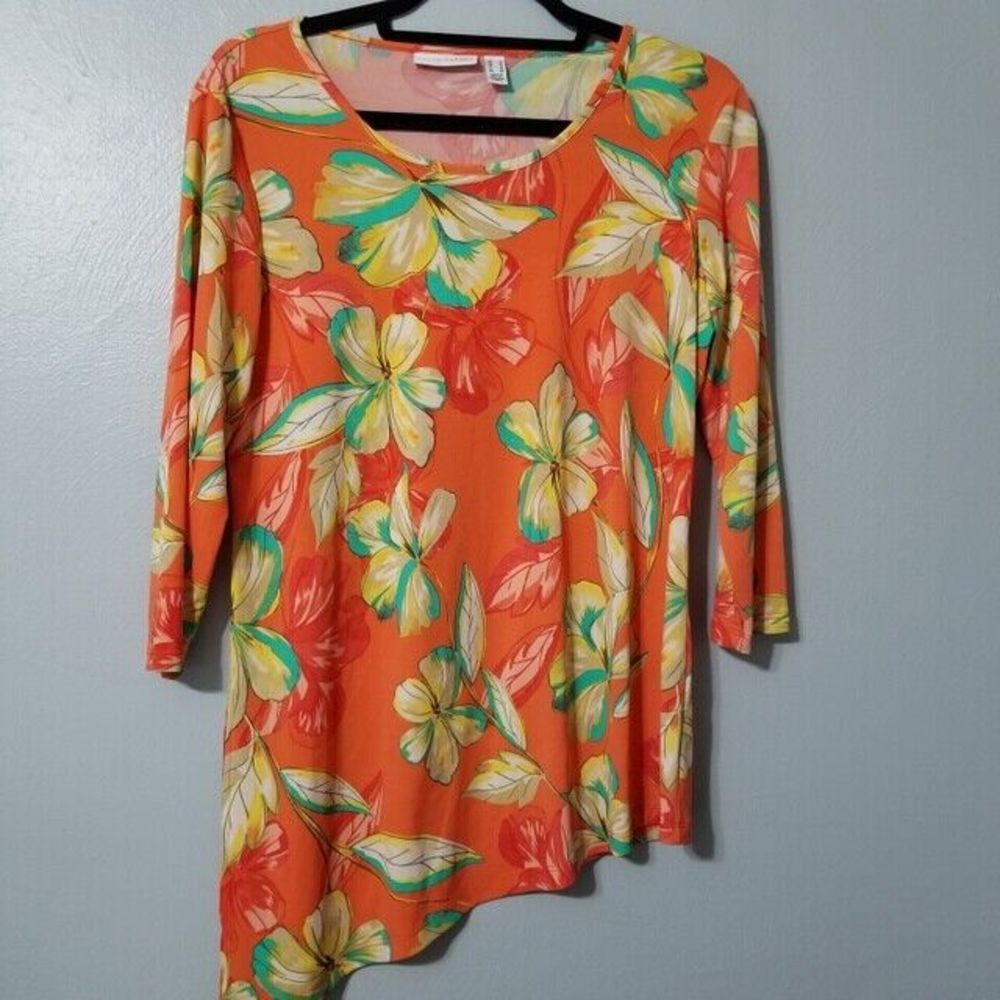 SUSAN GRAVER Women's Orange Bright Floral Asymmetrical Hem Tunic Blouse Top